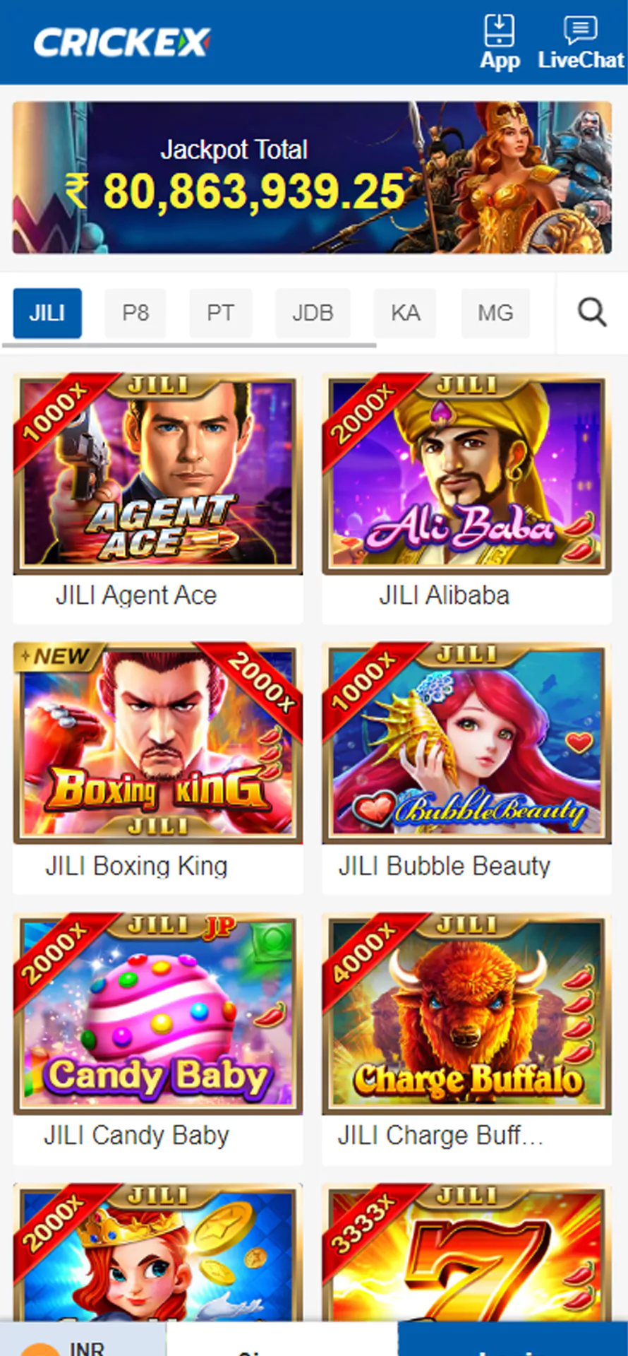 Slots section in the Crickex app.