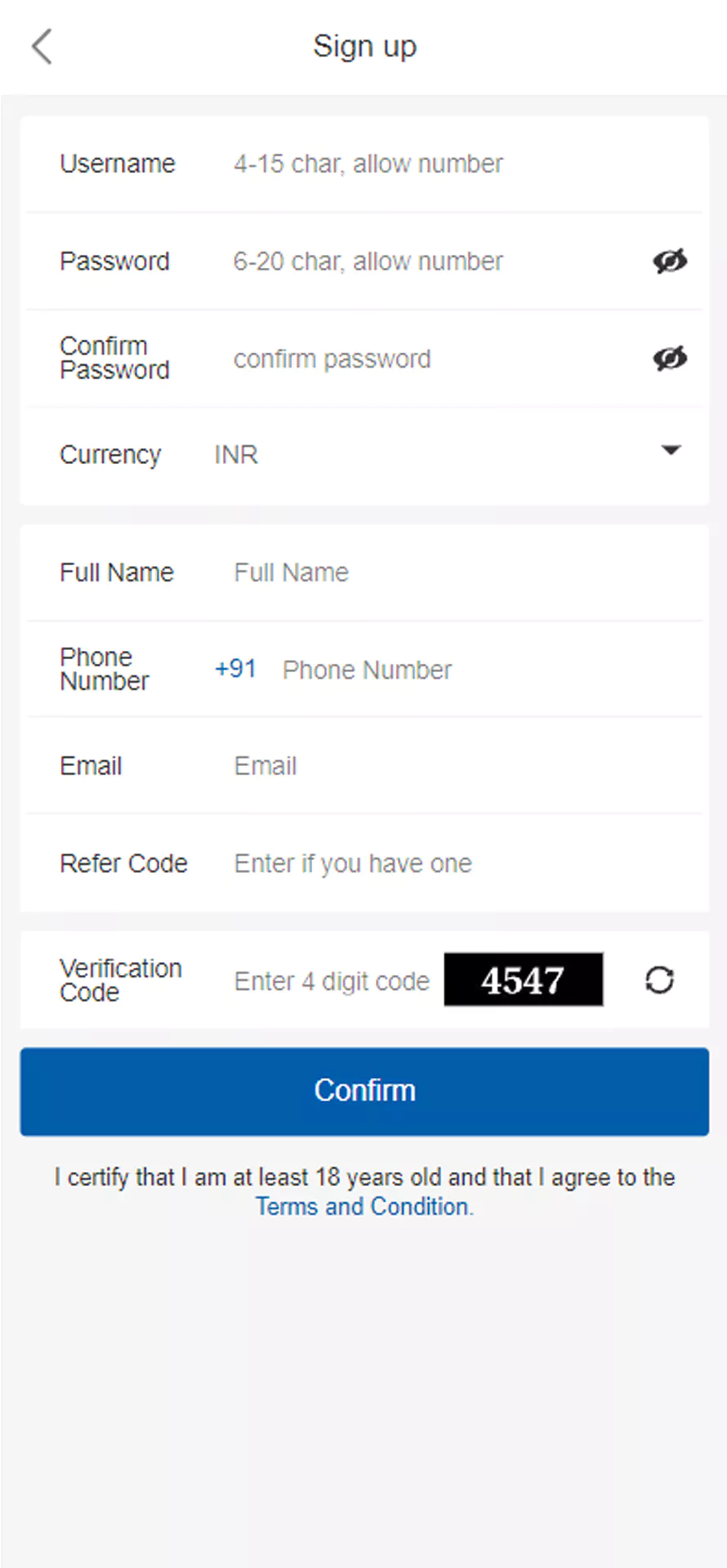 Crickex app account registration form.