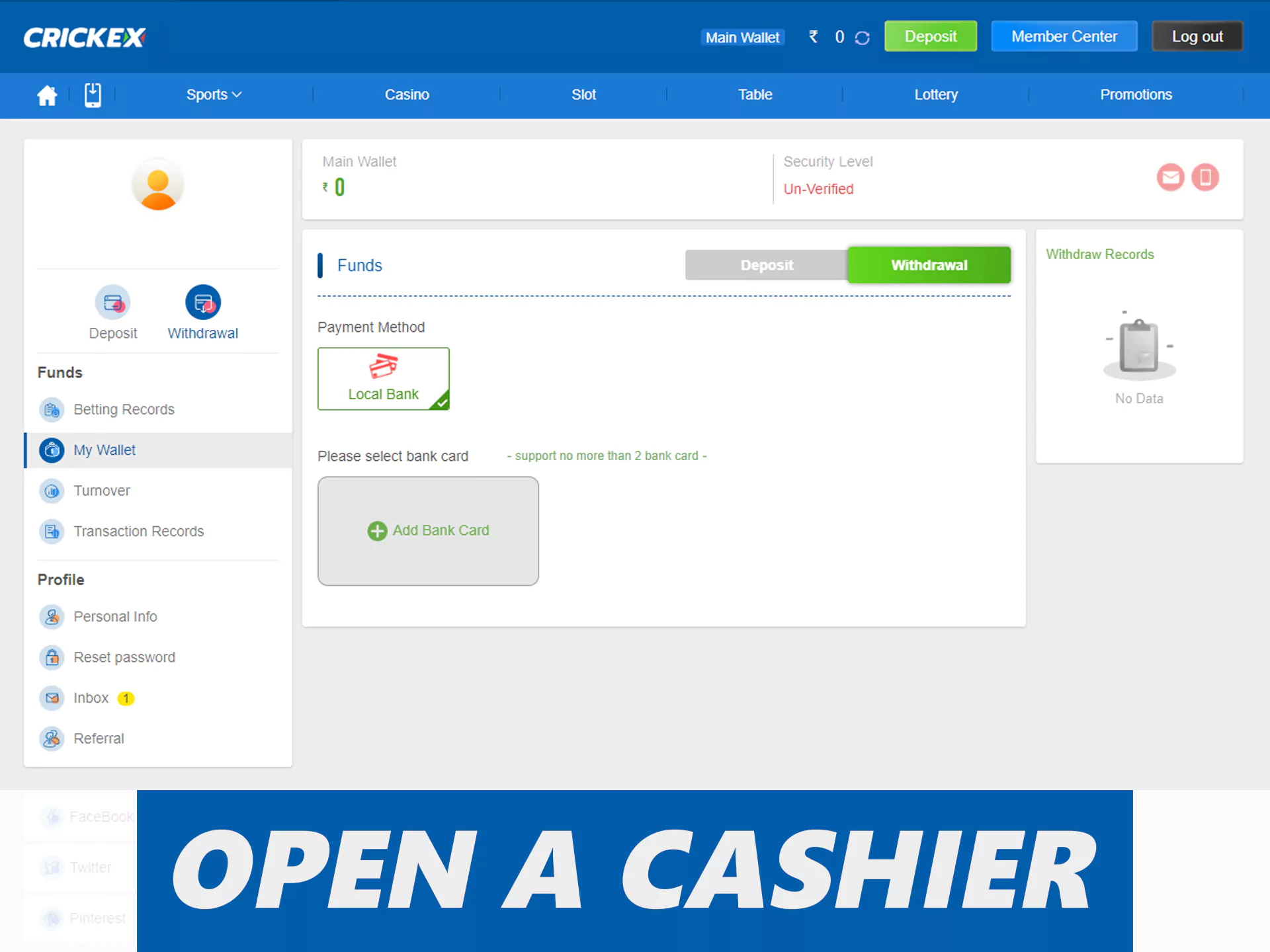 Click a deposit button for enter the cashier.