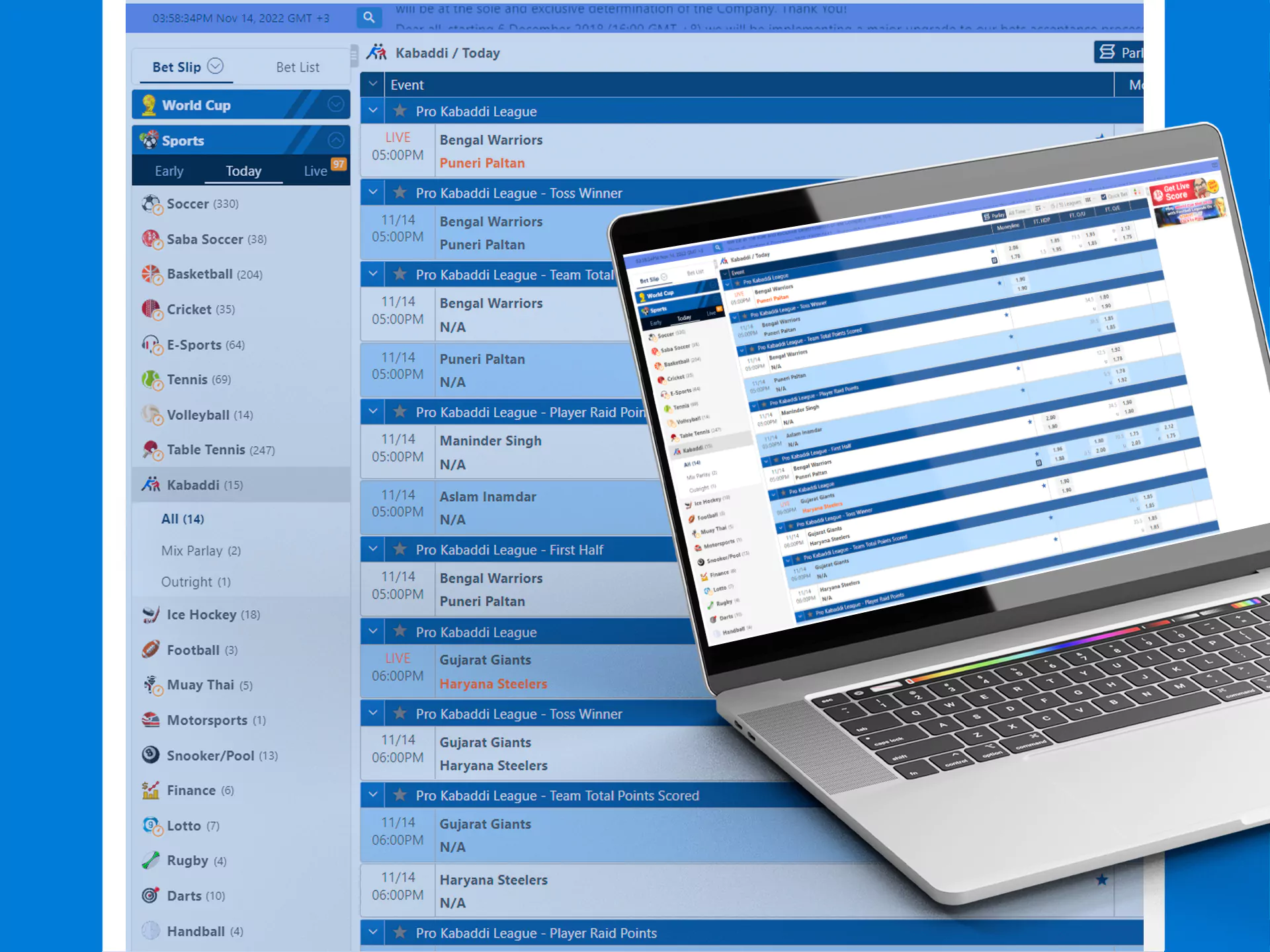 On the Crickex website, you can bet on any available kabaddi event.