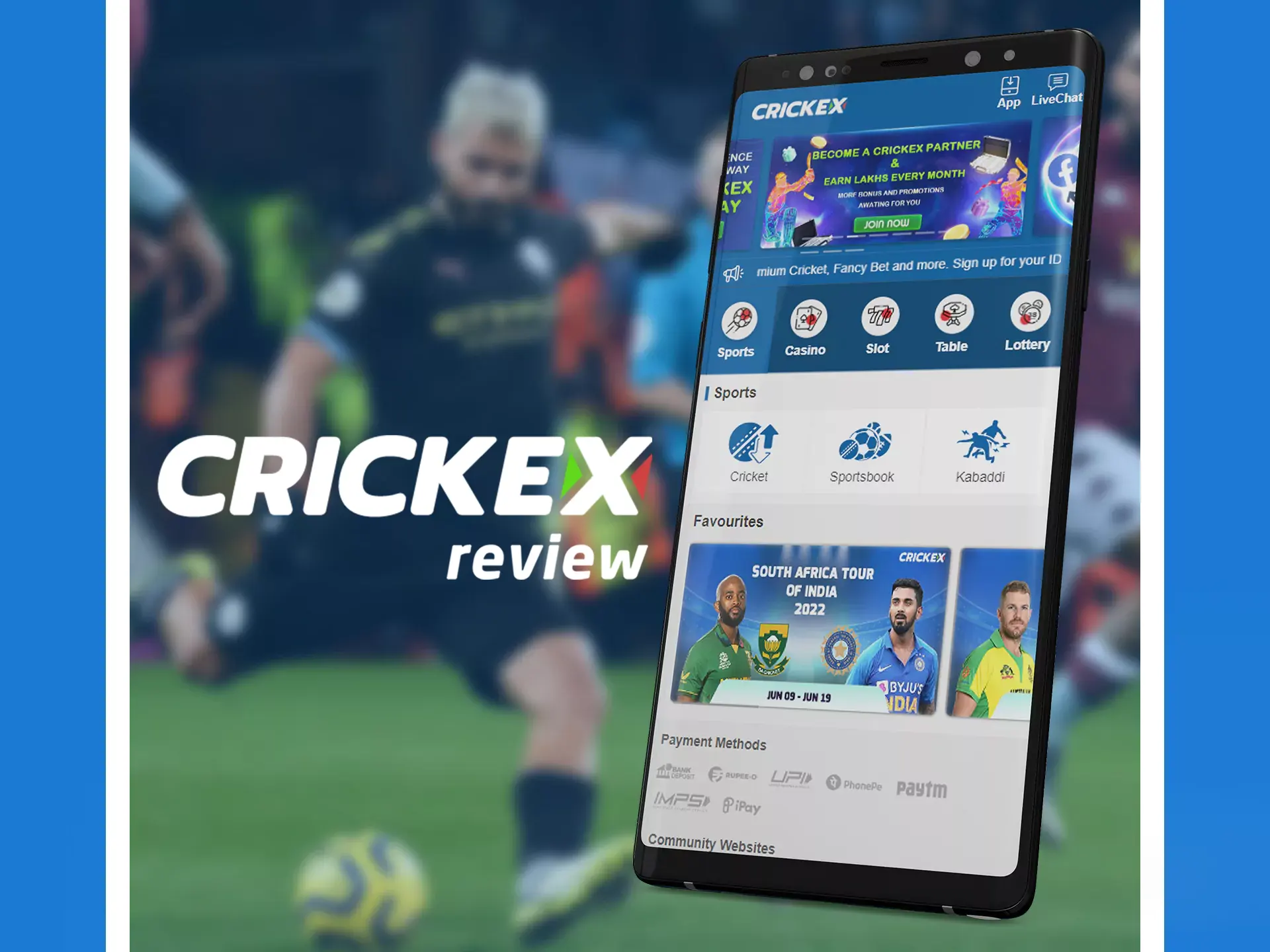 Bet on various sports in Cricket app.